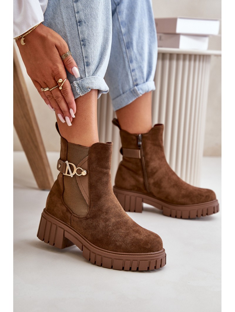 Warm Women's Boots with Golden Detail Eco Suede Brown Bervena