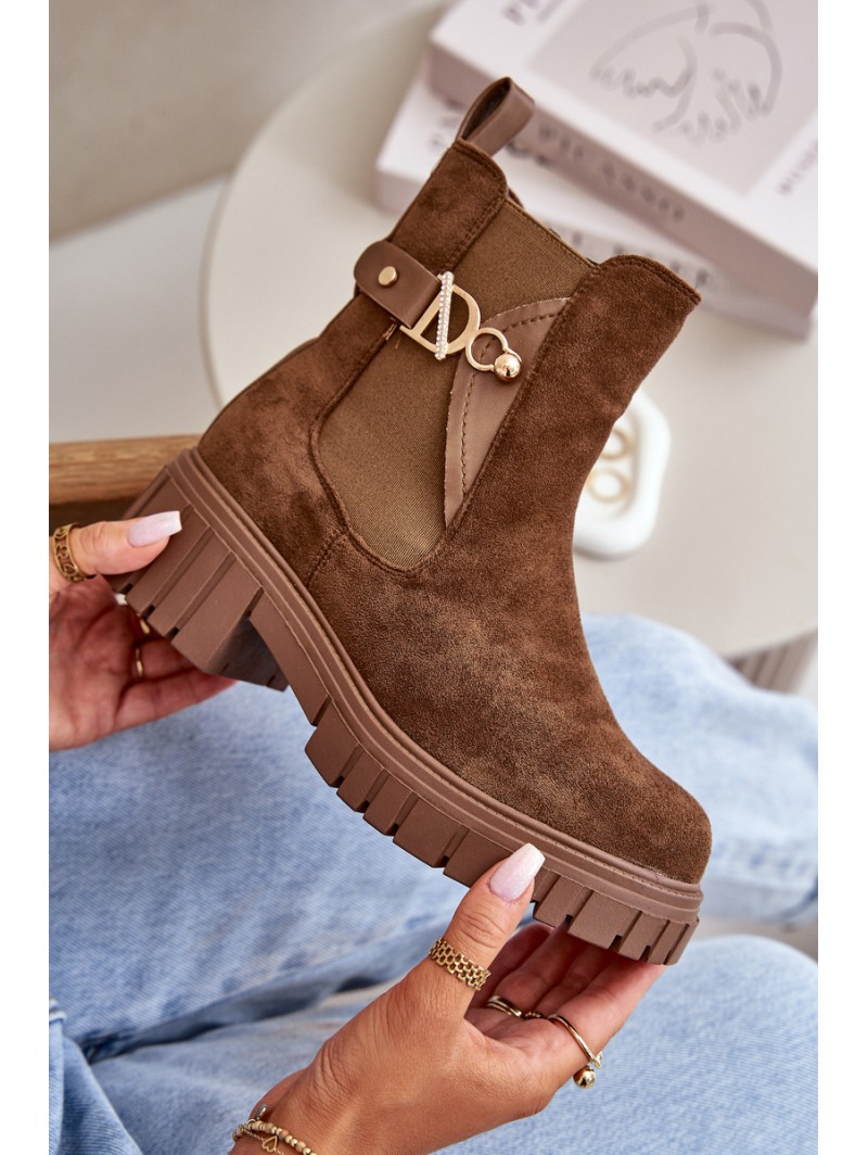 Warm Women's Boots with Golden Detail Eco Suede Brown Bervena