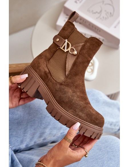 Warm Women's Boots with Golden Detail Eco Suede Brown Bervena