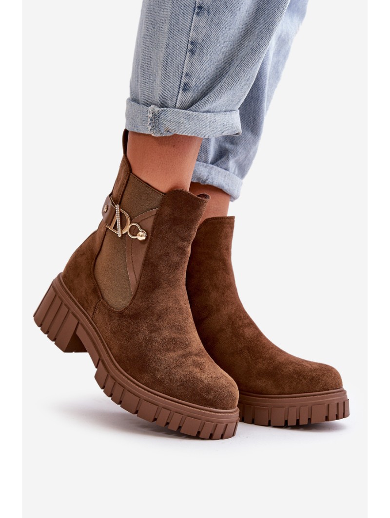 Warm Women's Boots with Golden Detail Eco Suede Brown Bervena