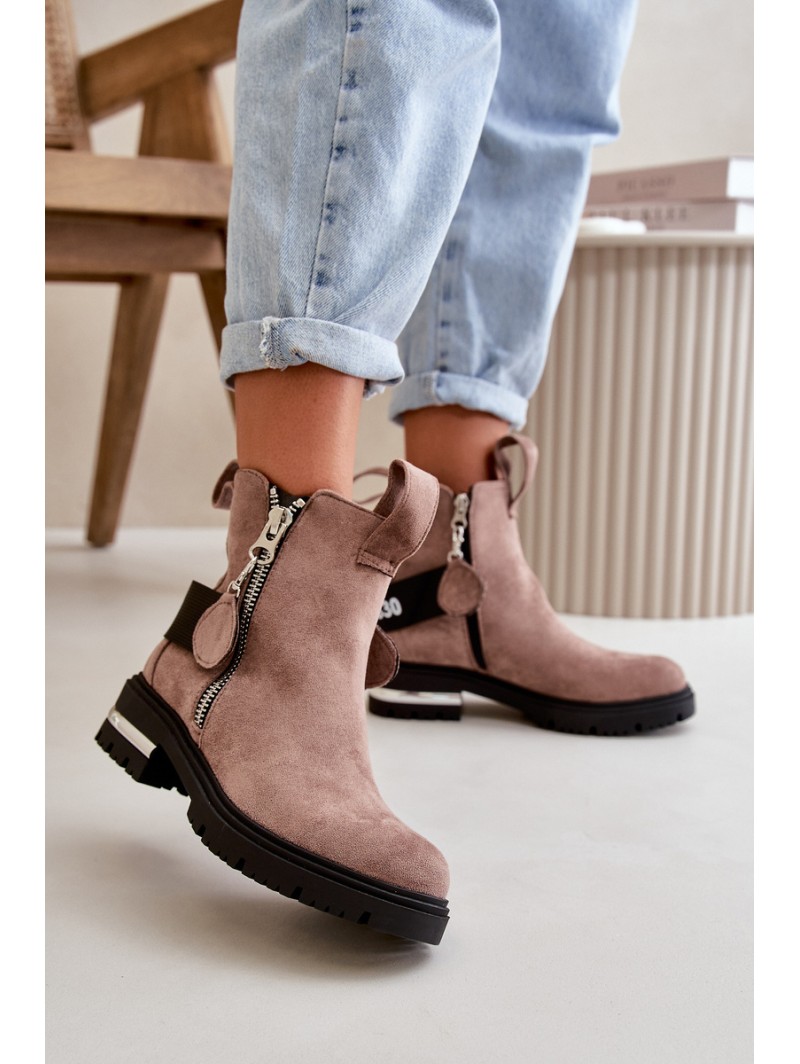 Warm Ladies Ankle Boots With Zipper Dark Beige Calvaro