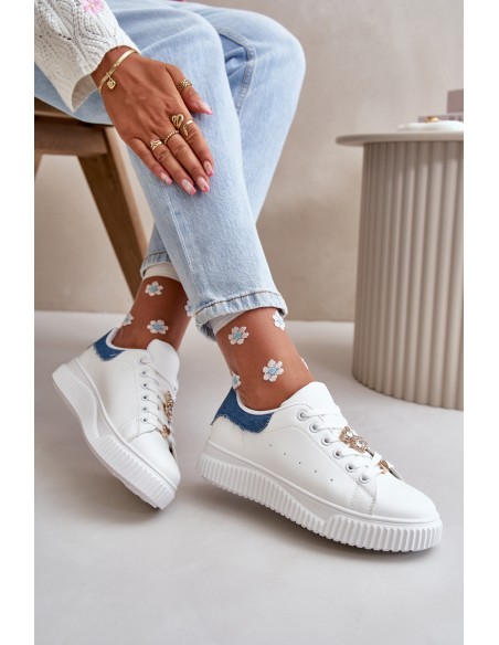 Low Sneakers Made Of Eco Leather With Pins White-Blue Cillione