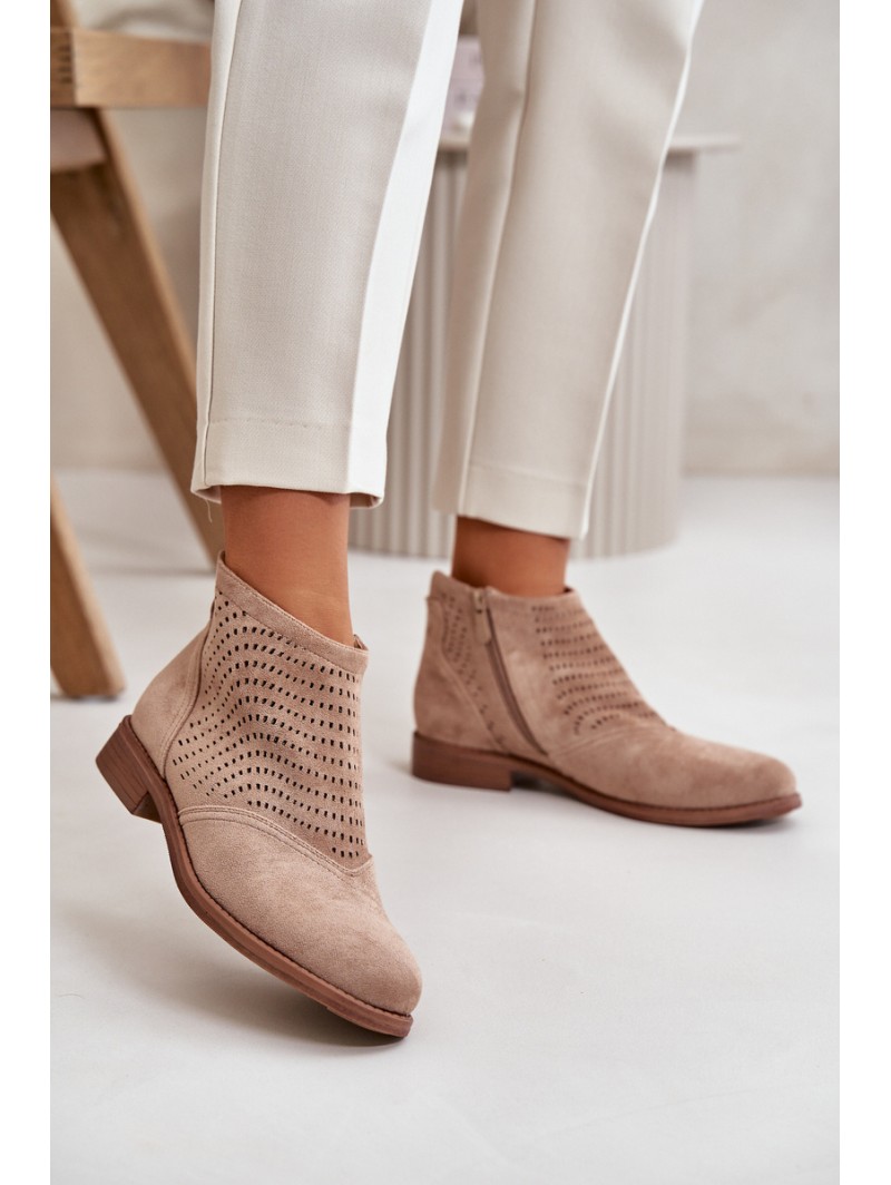 Women's Flat Heeled Perforated Boots Beige S.Barski HY42-076