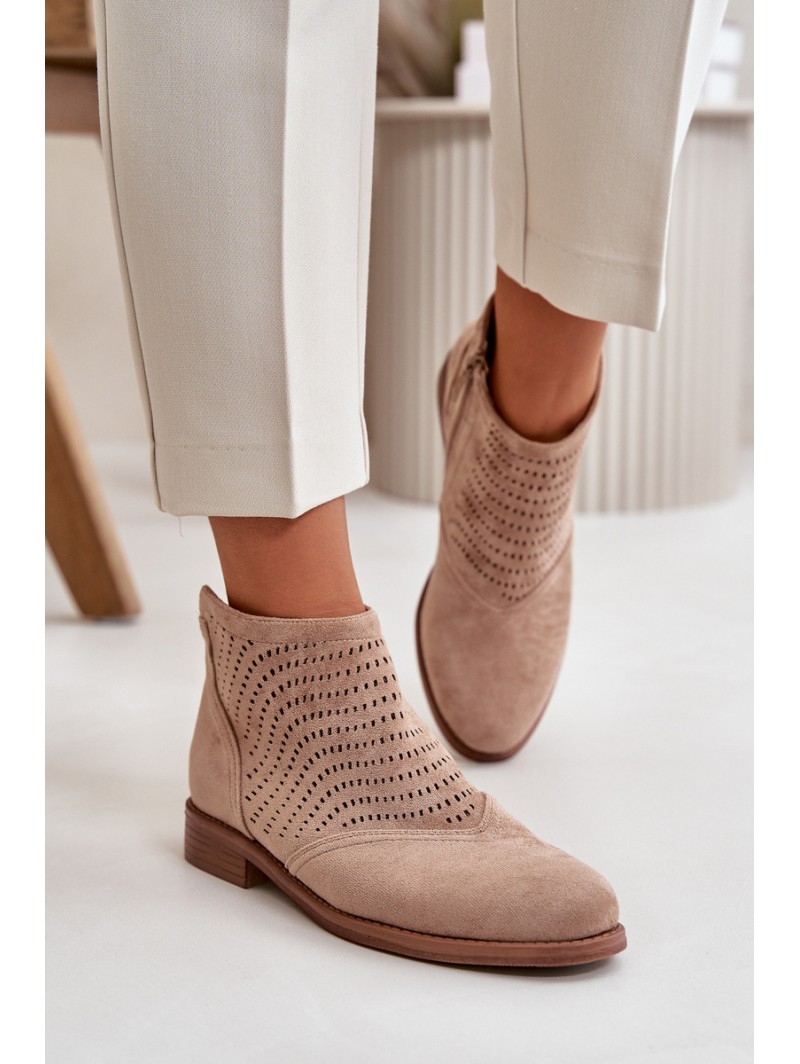 Women's Flat Heeled Perforated Boots Beige S.Barski HY42-076