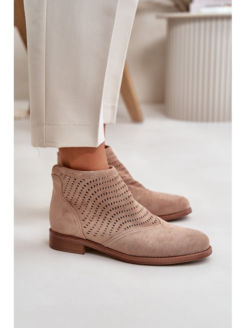 Women's Flat Heeled Perforated Boots Beige S.Barski HY42-076