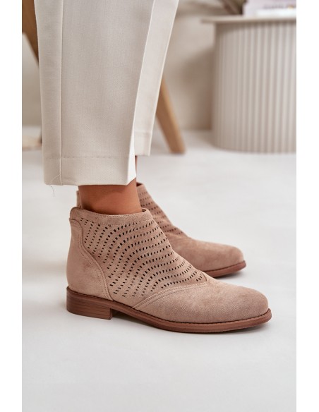 Women's Flat Heeled Perforated Boots Beige S.Barski HY42-076