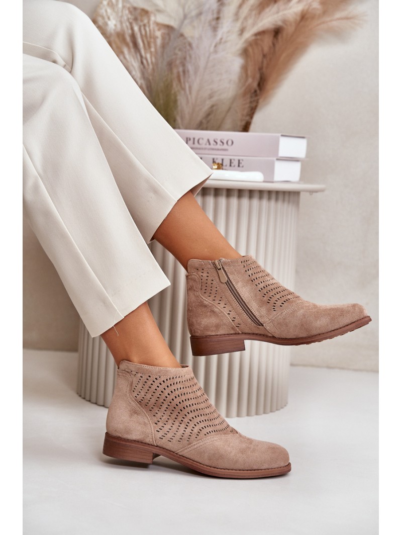 Women's Flat Heeled Perforated Boots Beige S.Barski HY42-076