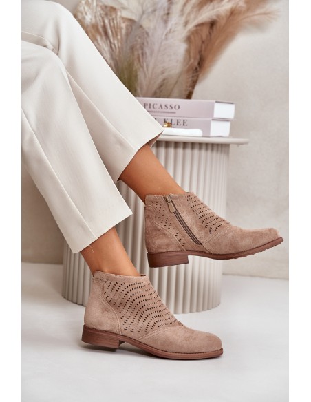 Women's Flat Heeled Perforated Boots Beige S.Barski HY42-076