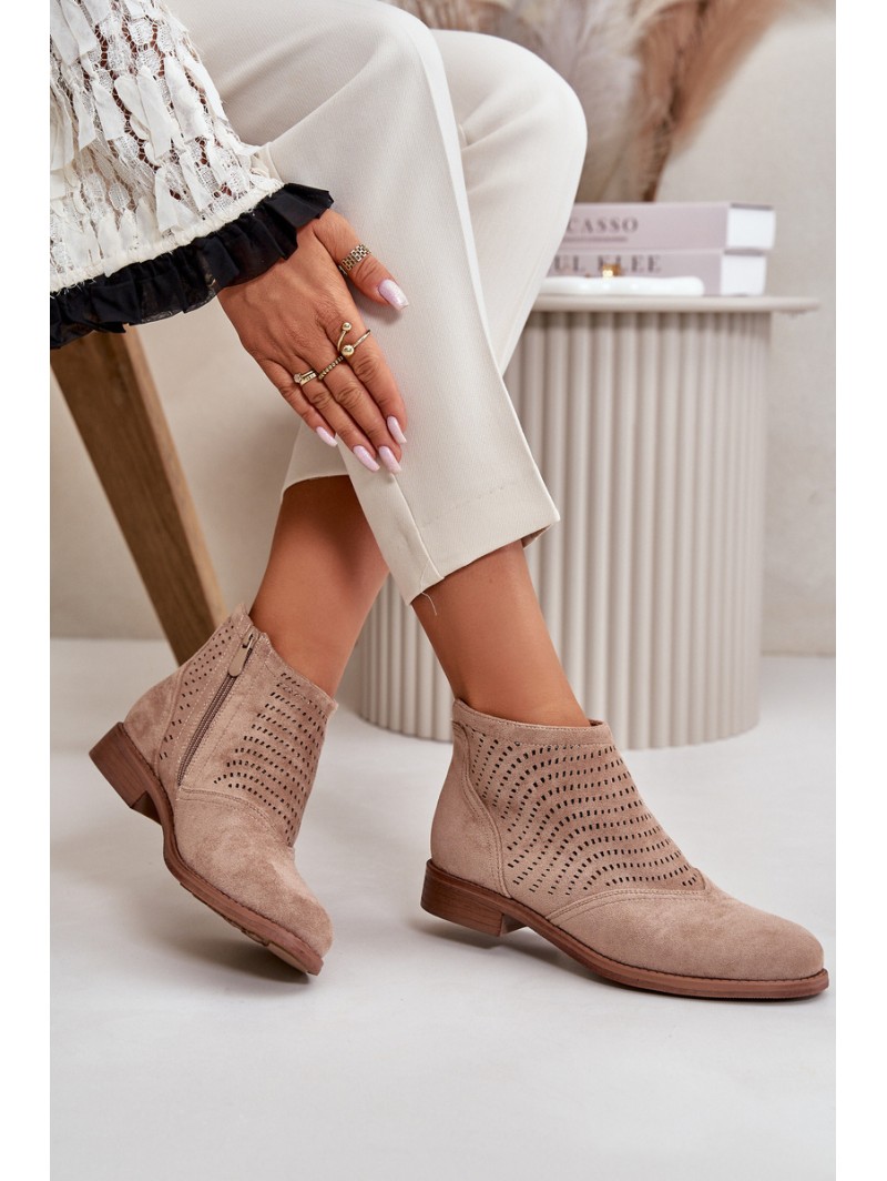 Women's Flat Heeled Perforated Boots Beige S.Barski HY42-076