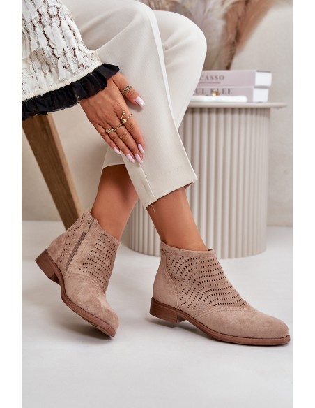 Women's Flat Heeled Perforated Boots Beige S.Barski HY42-076