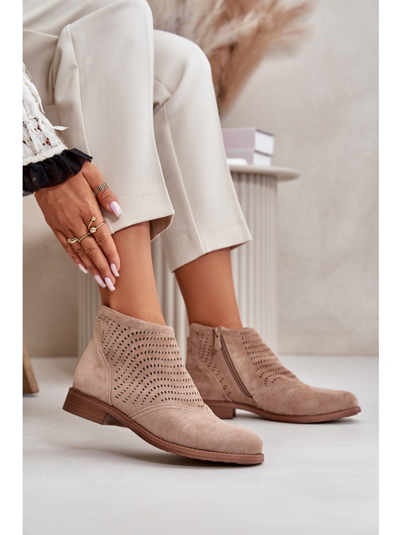 Women's Flat Heeled Perforated Boots Beige S.Barski HY42-076