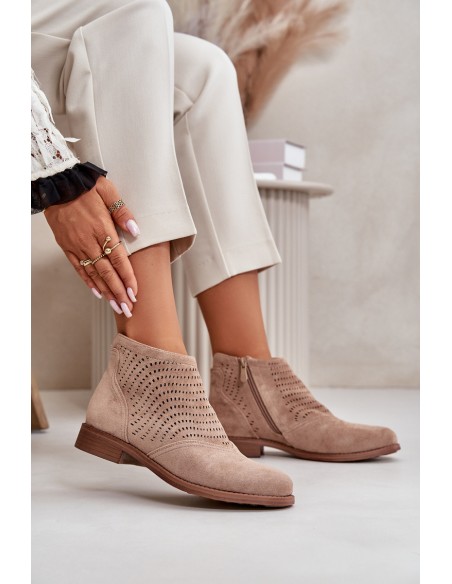 Women's Flat Heeled Perforated Boots Beige S.Barski HY42-076