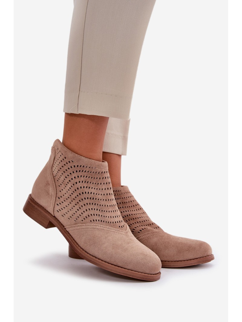 Women's Flat Heeled Perforated Boots Beige S.Barski HY42-076