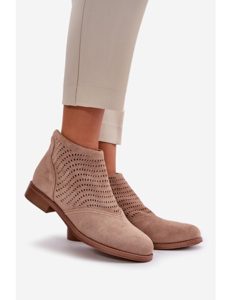 Women's Flat Heeled Perforated Boots Beige S.Barski HY42-076