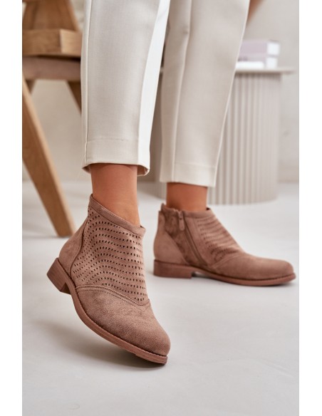 Women's Ankle Boots With Flat Heel Perforated Brown S.Barski HY42-076