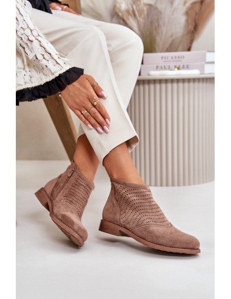 Women's Ankle Boots With Flat Heel Perforated Brown S.Barski HY42-076