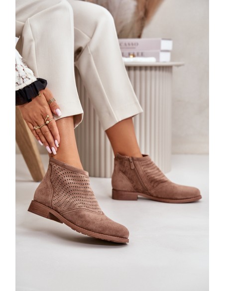 Women's Ankle Boots With Flat Heel Perforated Brown S.Barski HY42-076