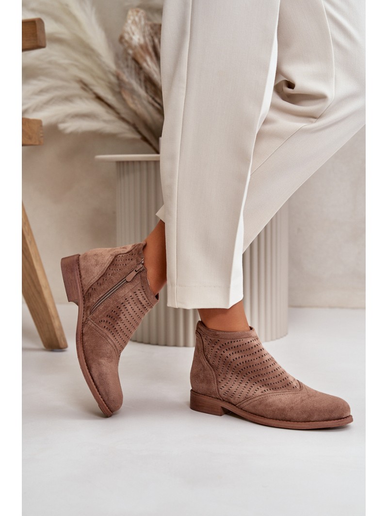 Women's Ankle Boots With Flat Heel Perforated Brown S.Barski HY42-076
