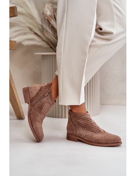 Women's Ankle Boots With Flat Heel Perforated Brown S.Barski HY42-076