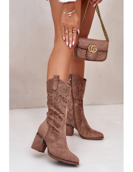 Women's Cowboy Boots With Cutouts On Block Heel Eco Suede Brown S.Barski HY42-028