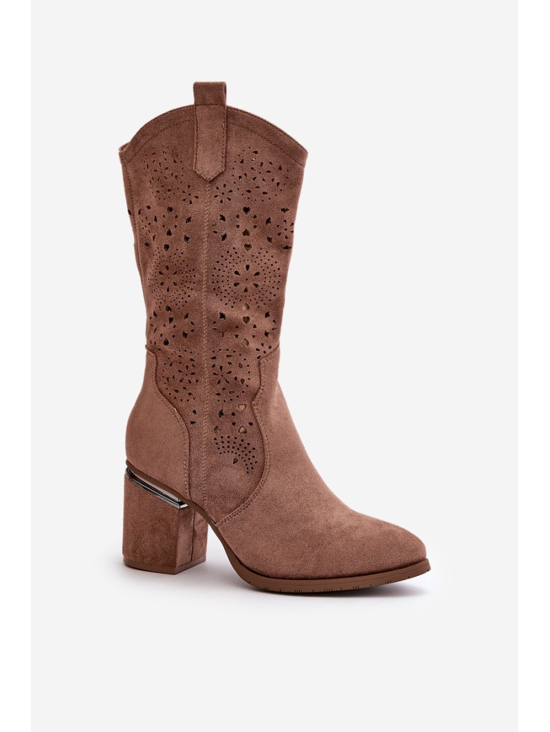 Women's Cowboy Boots With Cutouts On Block Heel Eco Suede Brown S.Barski HY42-028