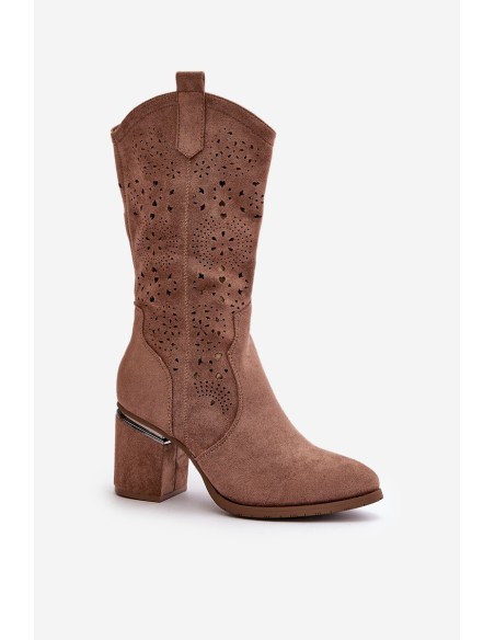 Women's Cowboy Boots With Cutouts On Block Heel Eco Suede Brown S.Barski HY42-028