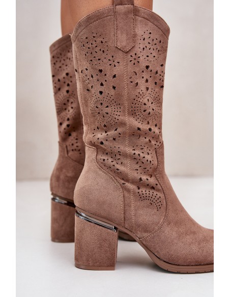 Women's Cowboy Boots With Cutouts On Block Heel Eco Suede Brown S.Barski HY42-028