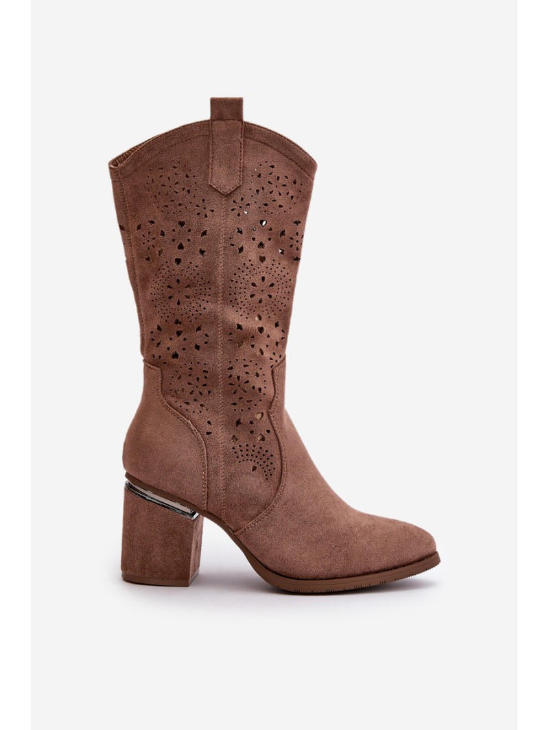 Women's Cowboy Boots With Cutouts On Block Heel Eco Suede Brown S.Barski HY42-028