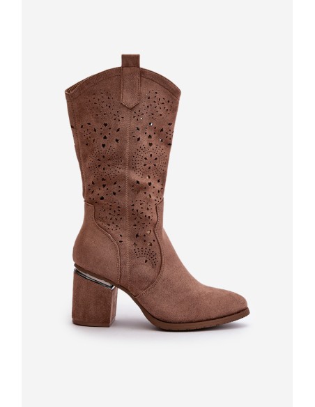 Women's Cowboy Boots With Cutouts On Block Heel Eco Suede Brown S.Barski HY42-028