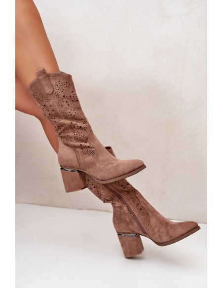 Women's Cowboy Boots With Cutouts On Block Heel Eco Suede Brown S.Barski HY42-028