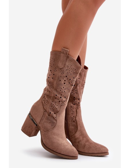Women's Cowboy Boots With Cutouts On Block Heel Eco Suede Brown S.Barski HY42-028