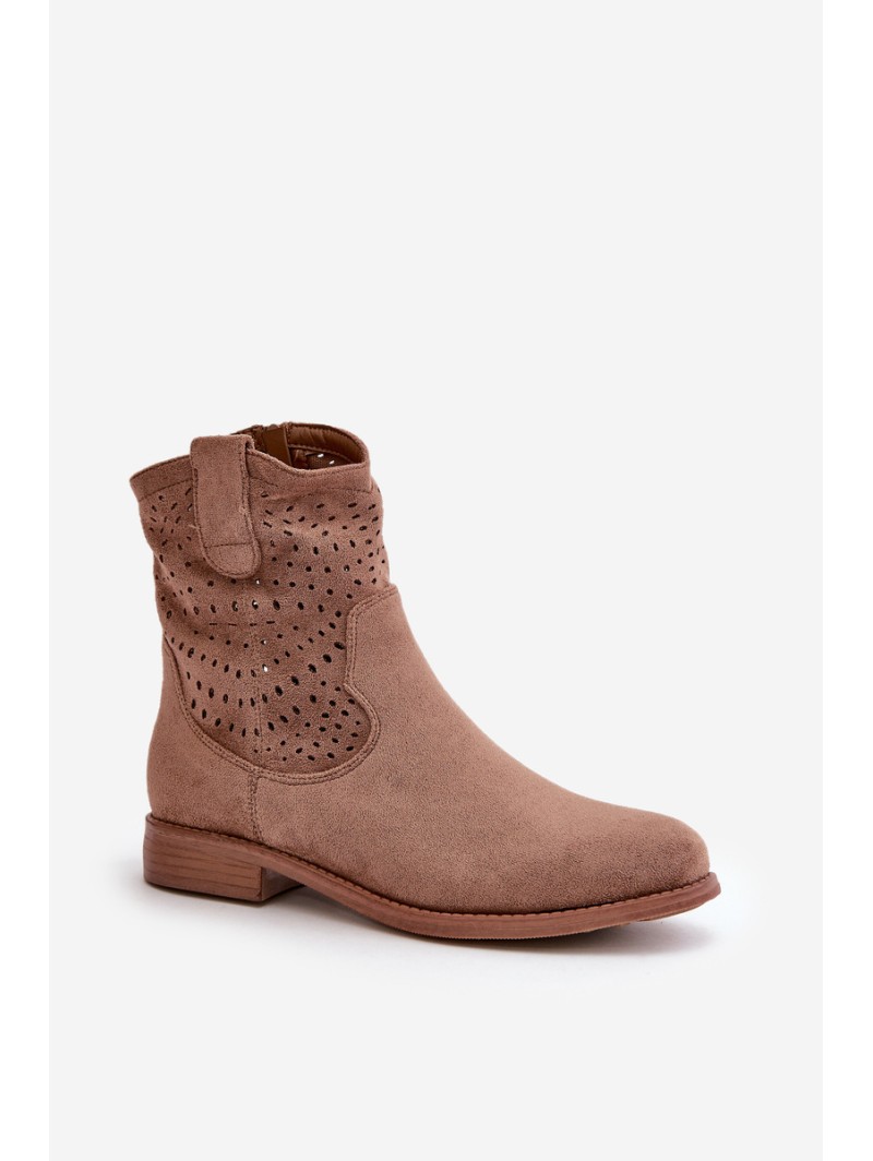Women's perforated ankle boots with flat heel brown S.Barski HY42-135