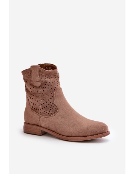 Women's perforated ankle boots with flat heel brown S.Barski HY42-135