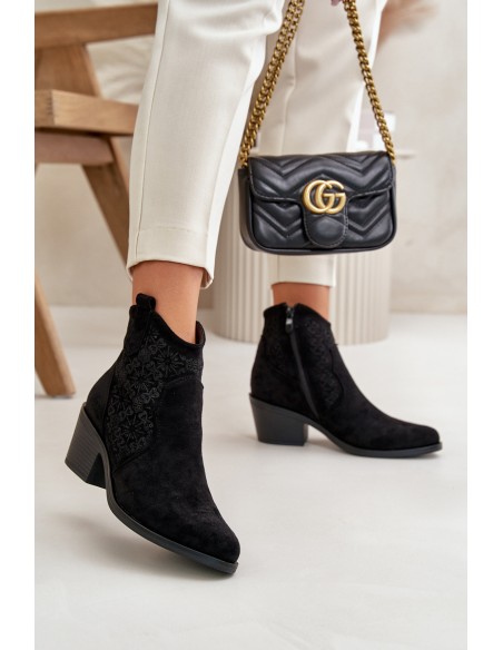 Perforated Cowboy Ankle Boots With Zipper Eco Suede Black S.Barski HY42-944