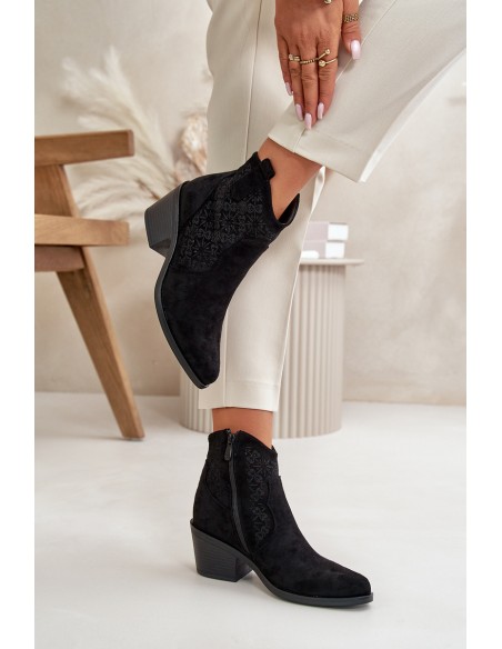 Perforated Cowboy Ankle Boots With Zipper Eco Suede Black S.Barski HY42-944