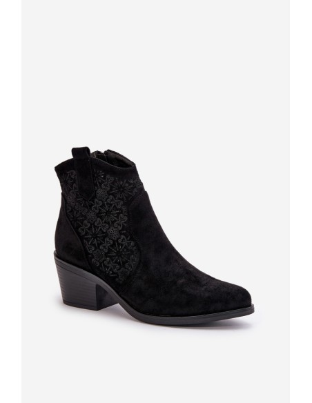 Perforated Cowboy Ankle Boots With Zipper Eco Suede Black S.Barski HY42-944