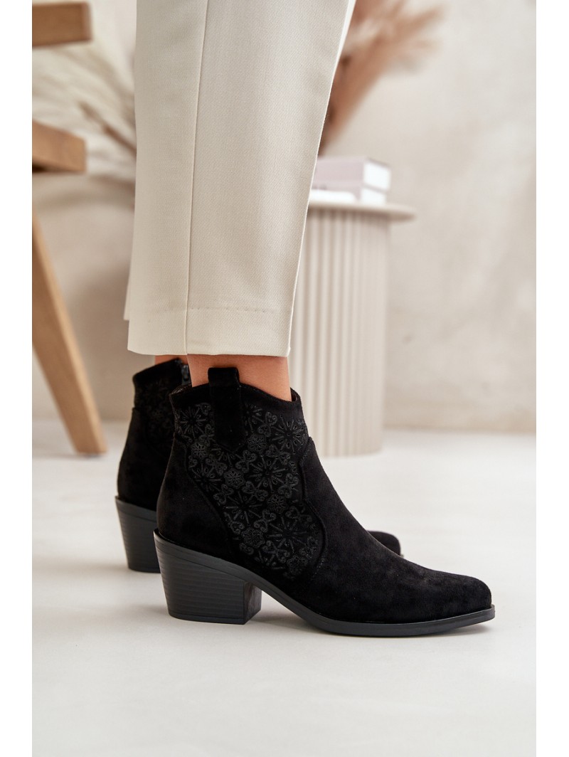 Perforated Cowboy Ankle Boots With Zipper Eco Suede Black S.Barski HY42-944