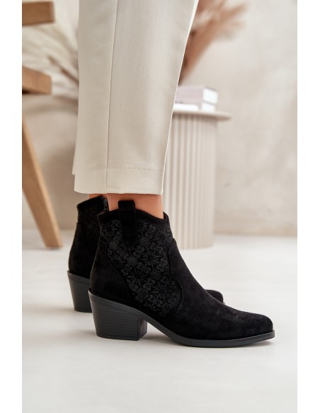 Perforated Cowboy Ankle Boots With Zipper Eco Suede Black S.Barski HY42-944