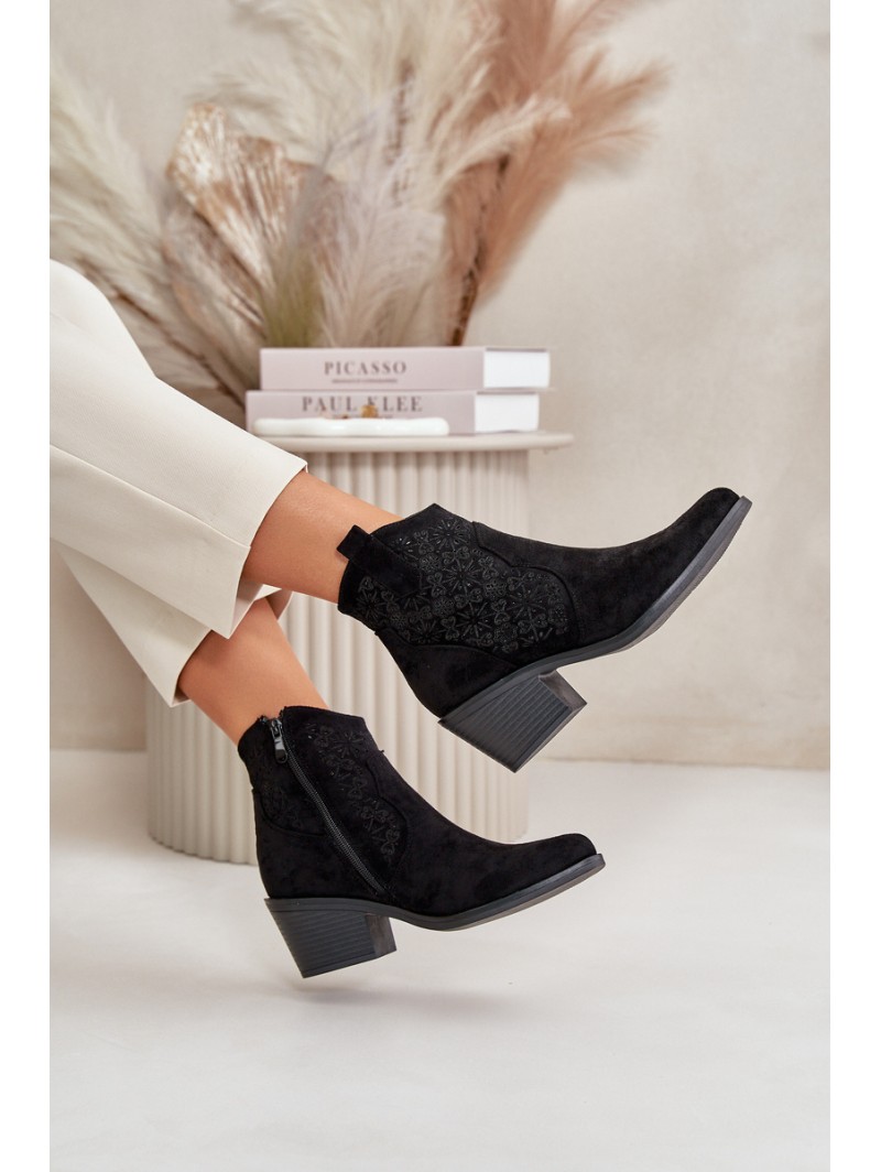 Perforated Cowboy Ankle Boots With Zipper Eco Suede Black S.Barski HY42-944