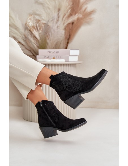 Perforated Cowboy Ankle Boots With Zipper Eco Suede Black S.Barski HY42-944