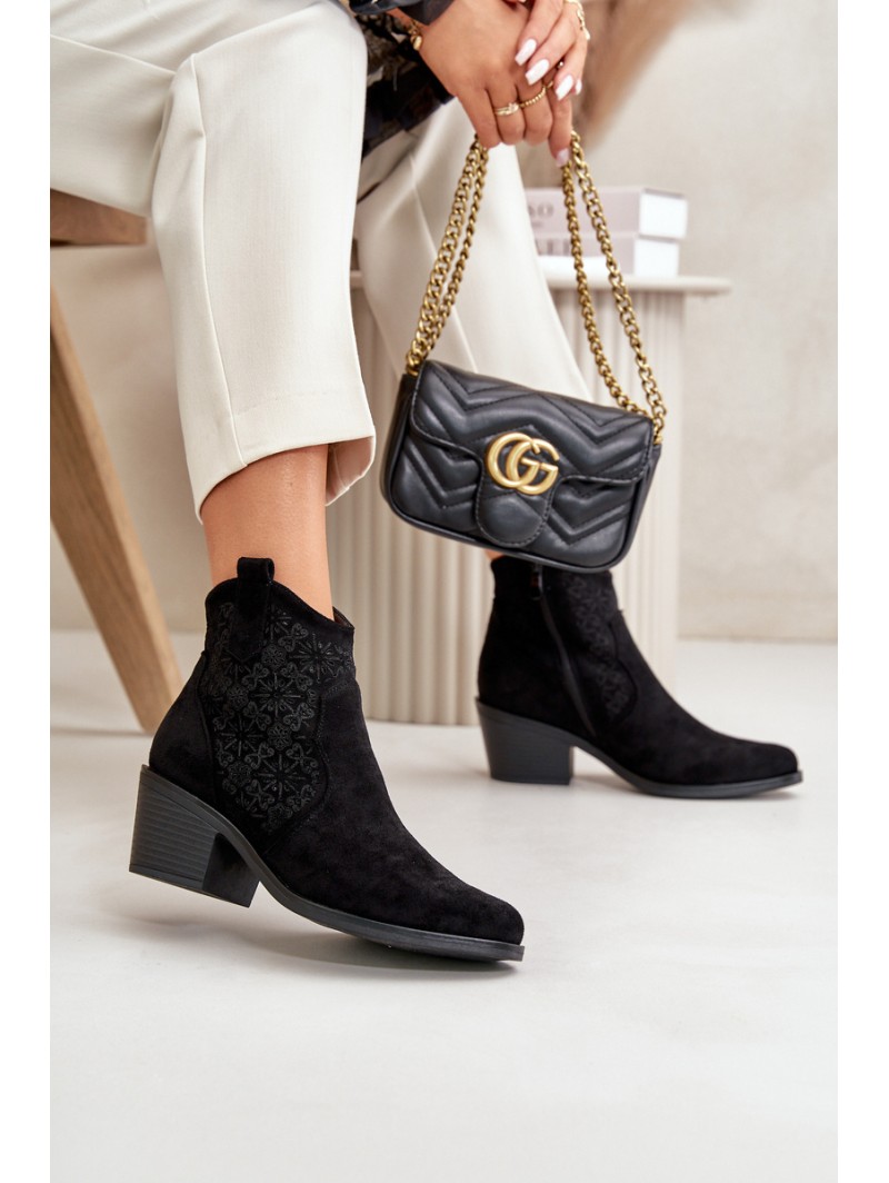 Perforated Cowboy Ankle Boots With Zipper Eco Suede Black S.Barski HY42-944