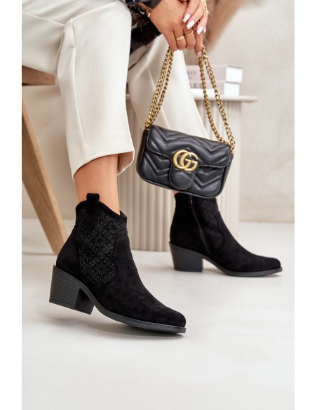 Perforated Cowboy Ankle Boots With Zipper Eco Suede Black S.Barski HY42-944