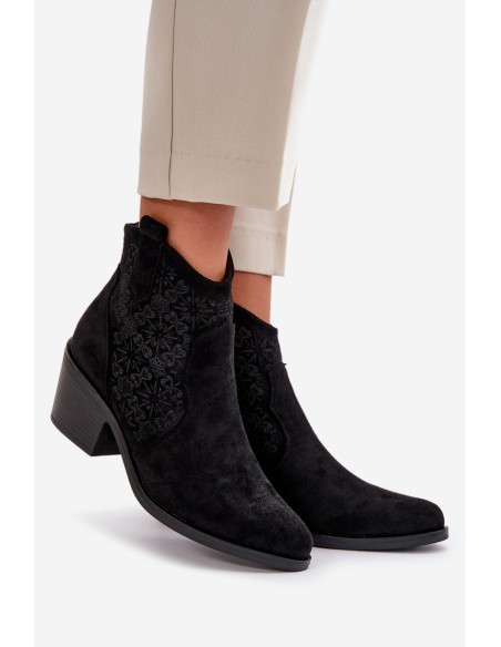 Perforated Cowboy Ankle Boots With Zipper Eco Suede Black S.Barski HY42-944
