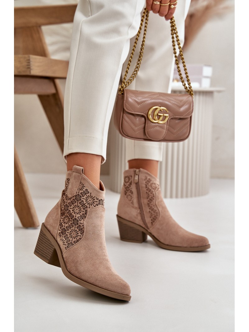 Perforated Cowboy Ankle Boots With Zipper Eco Suede Beige S.Barski HY42-944