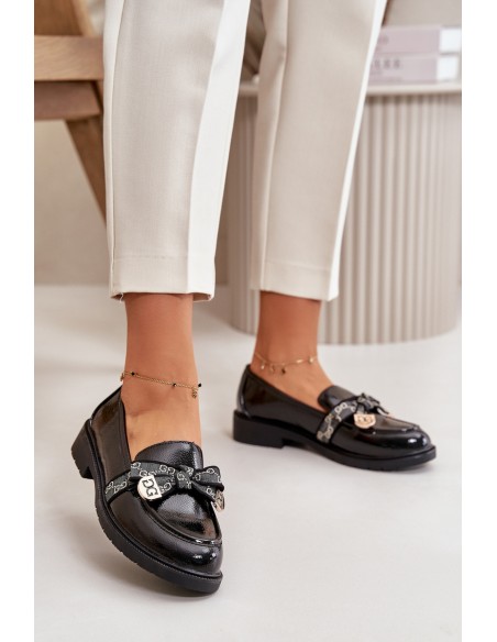Patent Ladies Moccasins With Bow Black S.Barski HY42-331A