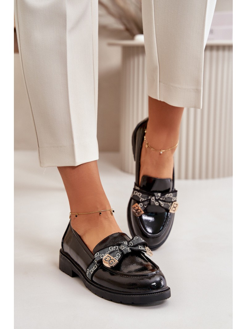 Patent Ladies Moccasins With Bow Black S.Barski HY42-331A