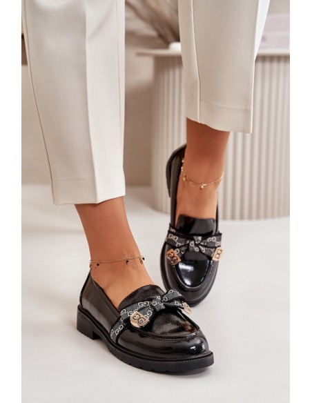 Patent Ladies Moccasins With Bow Black S.Barski HY42-331A