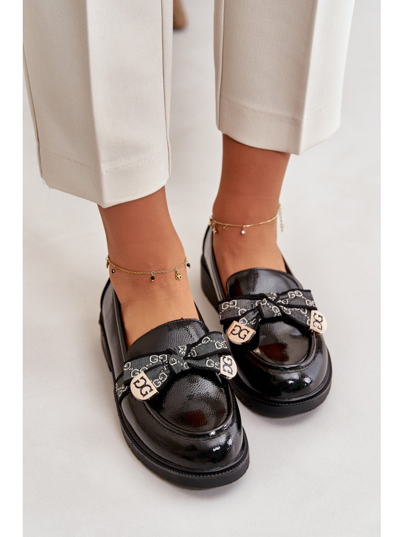 Patent Ladies Moccasins With Bow Black S.Barski HY42-331A