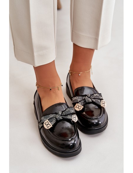 Patent Ladies Moccasins With Bow Black S.Barski HY42-331A