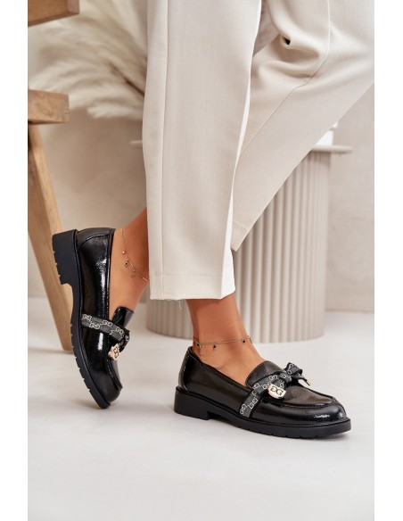 Patent Ladies Moccasins With Bow Black S.Barski HY42-331A